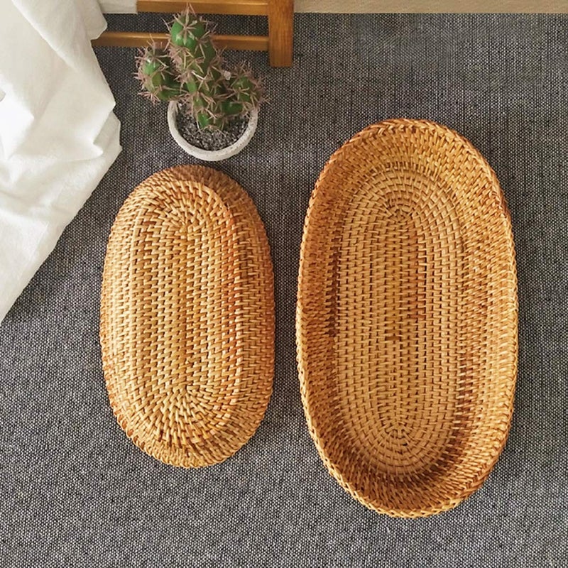 i-lan Handwoven Bread Serving Basket Bowls, Wicker Oval Fruit Bowl, Serving Bread Basket Set, Food Storage Bowl for Bread, Snack, Vegetable, Natural Brown (S: 10") - Image 4